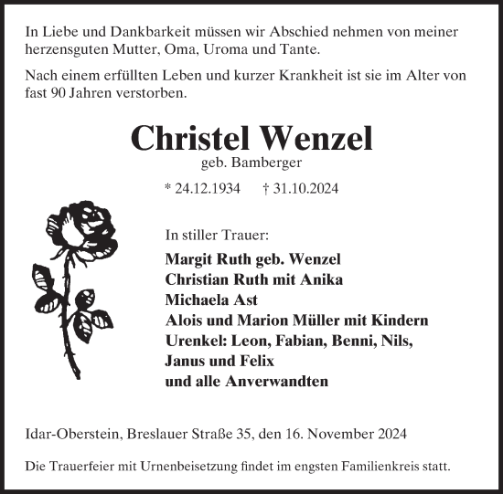 Traueranzeige von Christel Wenzel von WochenSpiegel