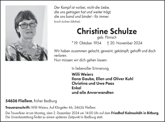 Traueranzeige von Christine Schulze von WochenSpiegel