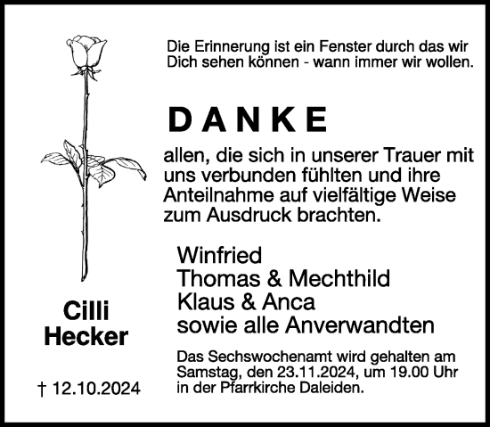 Traueranzeige von Cilli Hecker von WochenSpiegel