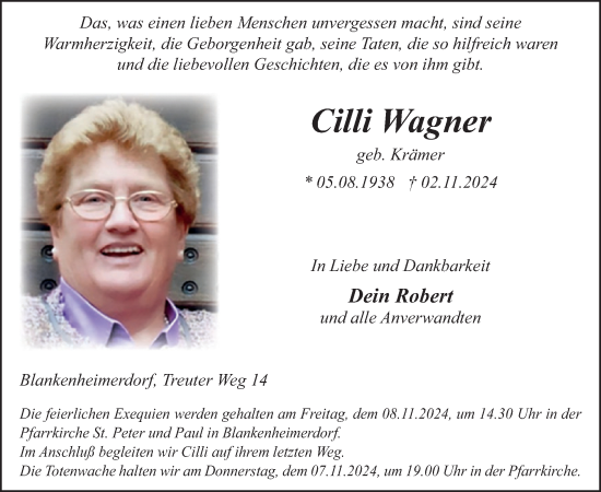 Traueranzeige von Cilli Wagner von WochenSpiegel