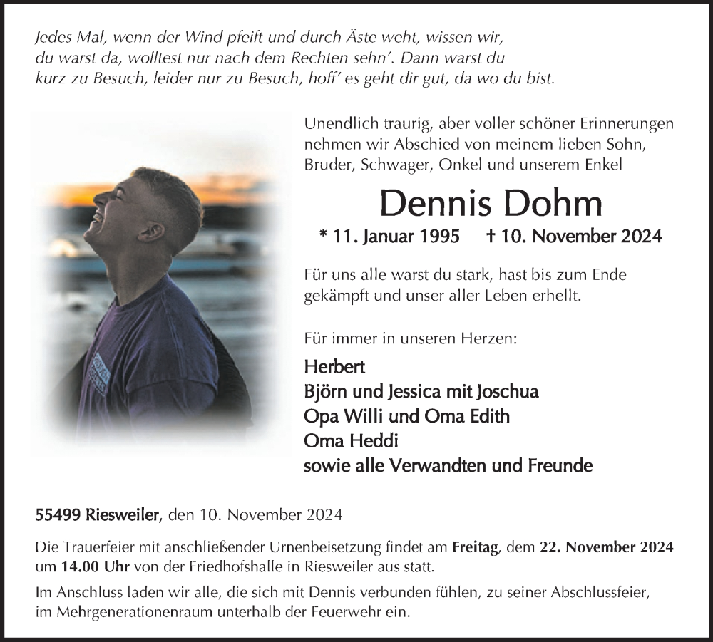  Traueranzeige für Dennis Dohm vom 16.11.2024 aus WochenSpiegel