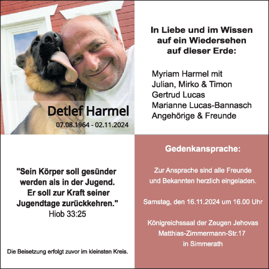 Traueranzeige von Detlef Harmel von WochenSpiegel