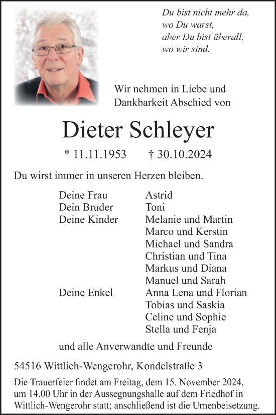 Traueranzeige von Dieter Schleyer von WochenSpiegel