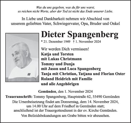 Traueranzeige von Dieter Spangenberg von WochenSpiegel