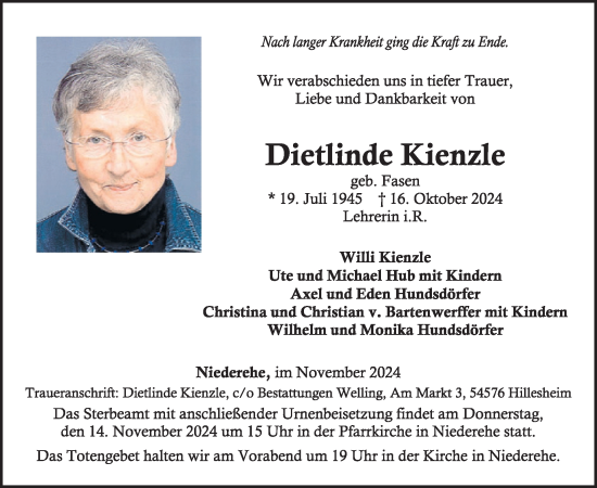 Traueranzeige von Dietlinde Kienzle von WochenSpiegel