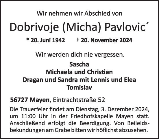 Traueranzeige von Dobrivoje Pavlovic von WochenSpiegel