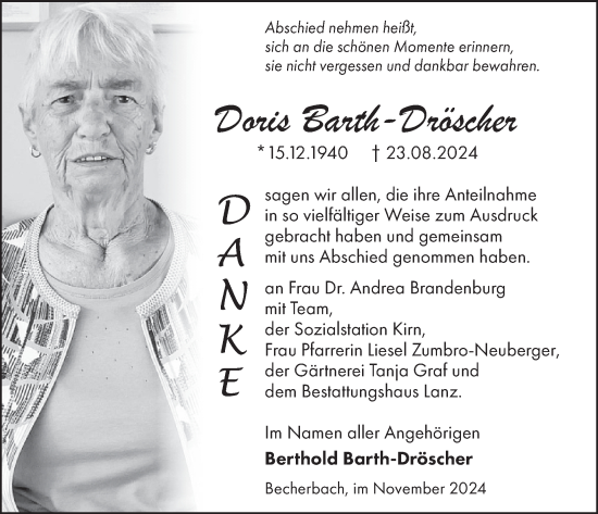 Traueranzeige von Doris Barth-Dröscher von WochenSpiegel