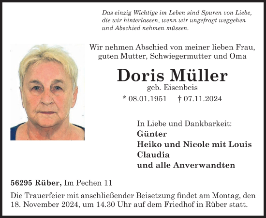 Traueranzeige von Doris Müller von WochenSpiegel