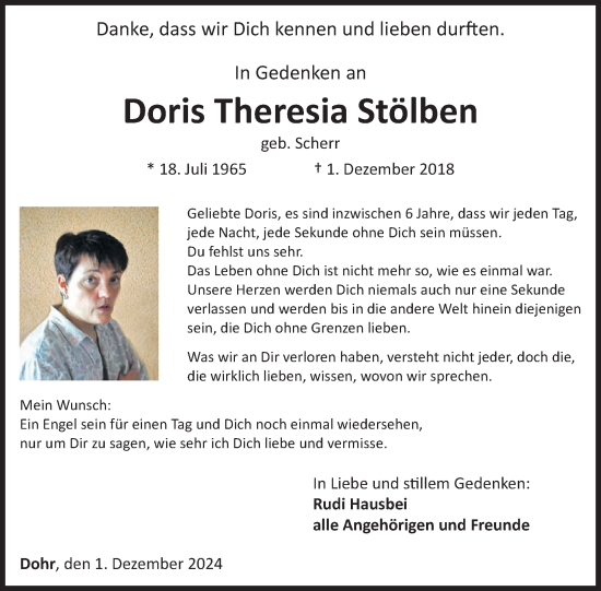 Traueranzeige von Doris Theresia Stölben von WochenSpiegel