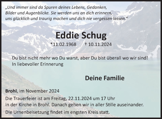 Traueranzeige von Eddie Schug von WochenSpiegel