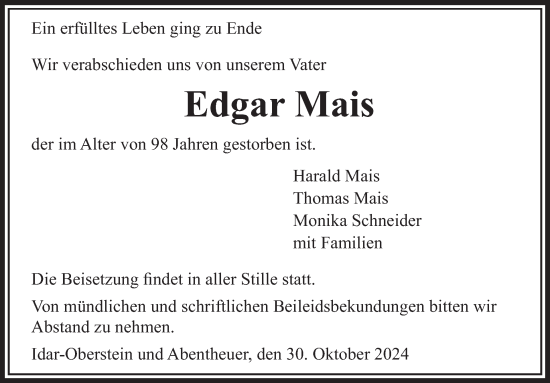 Traueranzeige von Edgar Mais von WochenSpiegel