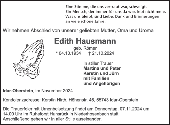 Traueranzeige von Edith Hausmann von WochenSpiegel