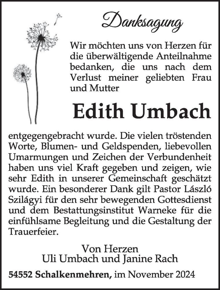  Traueranzeige für Edith Umbach vom 16.11.2024 aus WochenSpiegel