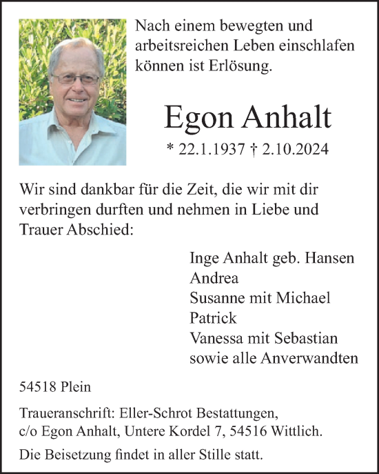 Traueranzeige von Egon Anhalt von WochenSpiegel