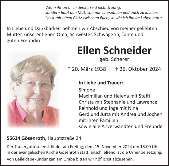 Traueranzeige von Ellen Schneider von WochenSpiegel