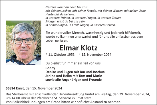 Traueranzeige von Elmar Klotz von WochenSpiegel