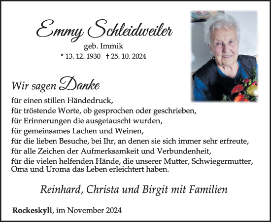 Traueranzeige von Emmy Schleidweiler von WochenSpiegel