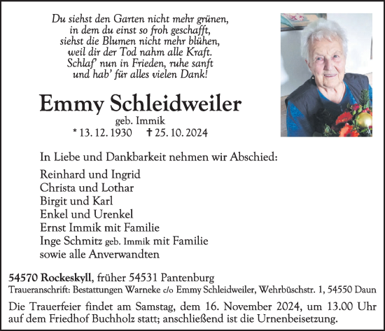 Traueranzeige von Emmy Schleidweiler von WochenSpiegel