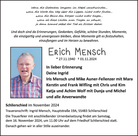 Traueranzeige von Erich Mensch von WochenSpiegel