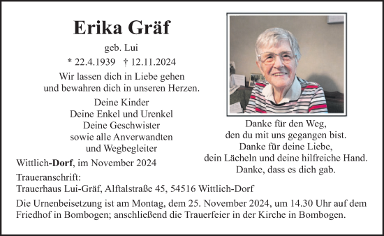 Traueranzeige von Erika Gräf von WochenSpiegel