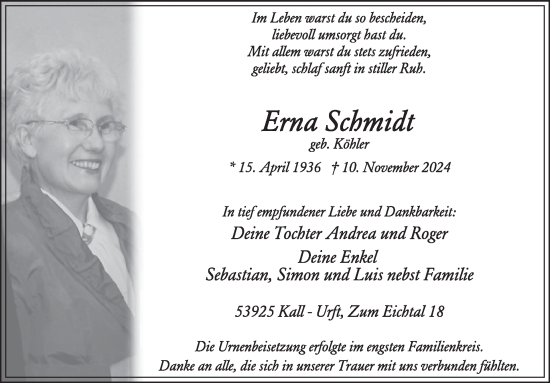 Traueranzeige von Erna Schmidt von WochenSpiegel