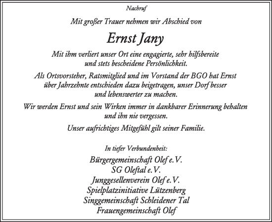 Traueranzeige von Ernst Jany von WochenSpiegel