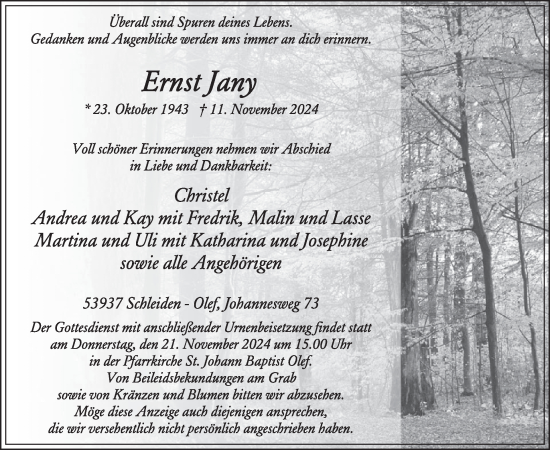 Traueranzeige von Ernst Jany von WochenSpiegel