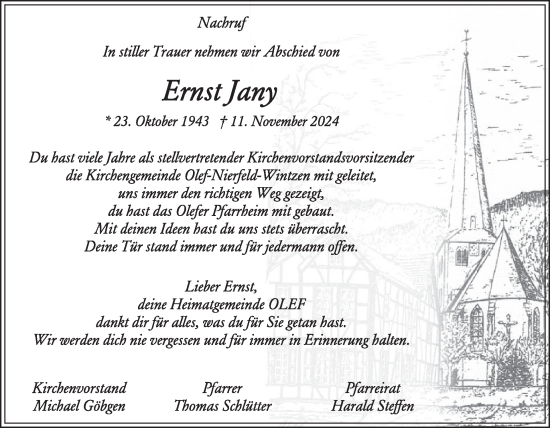 Traueranzeige von Ernst Jany von WochenSpiegel