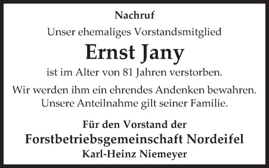 Traueranzeige von Ernst Jany von WochenSpiegel