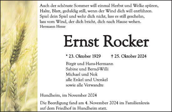 Traueranzeige von Ernst Rocker von WochenSpiegel