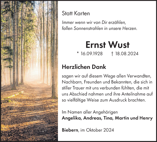 Traueranzeige von Ernst Wust von WochenSpiegel