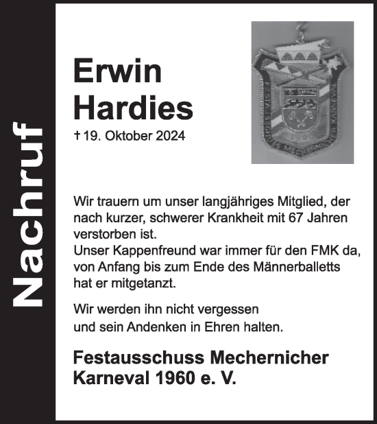 Traueranzeige von Erwin Hardies von WochenSpiegel