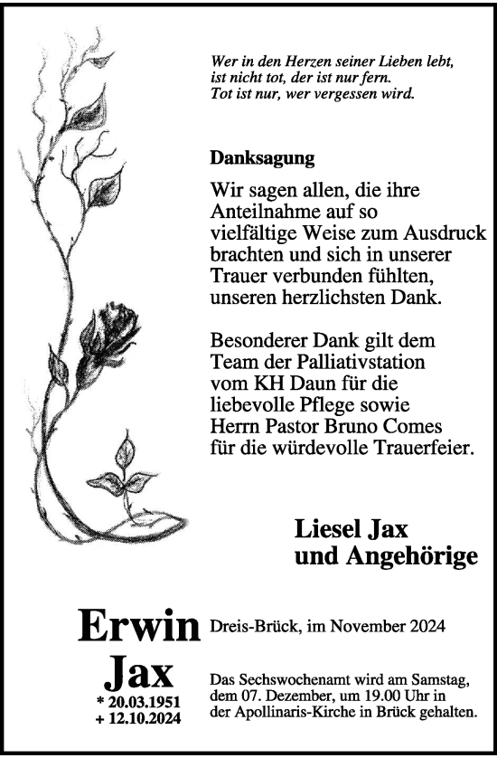 Traueranzeige von Erwin Jax von WochenSpiegel