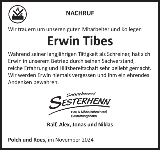 Traueranzeige von Erwin Tibes von WochenSpiegel