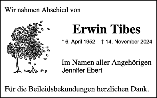 Traueranzeige von Erwin Tibes von WochenSpiegel