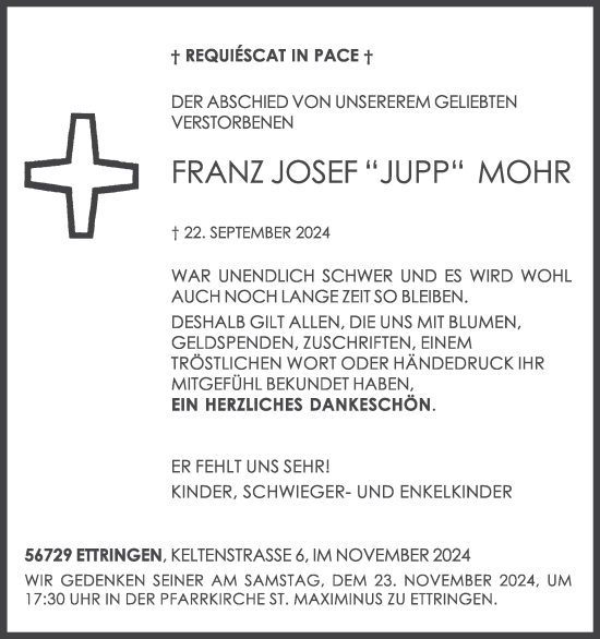 Traueranzeige von Franz Josef  Mohr von WochenSpiegel