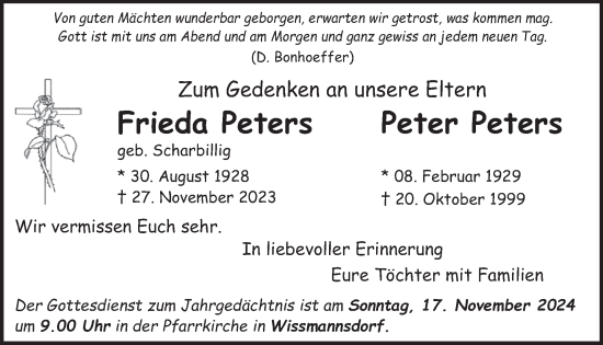 Traueranzeige von Frieda und Peter Peters von WochenSpiegel