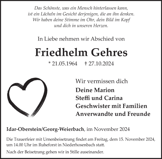 Traueranzeige von Friedhelm Gehres von WochenSpiegel