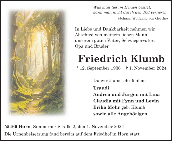 Traueranzeige von Friedrich Klumb von WochenSpiegel