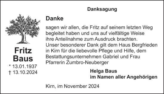 Traueranzeige von Fritz Baus von WochenSpiegel