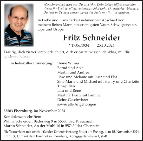 Traueranzeige von Fritz Schneider von WochenSpiegel