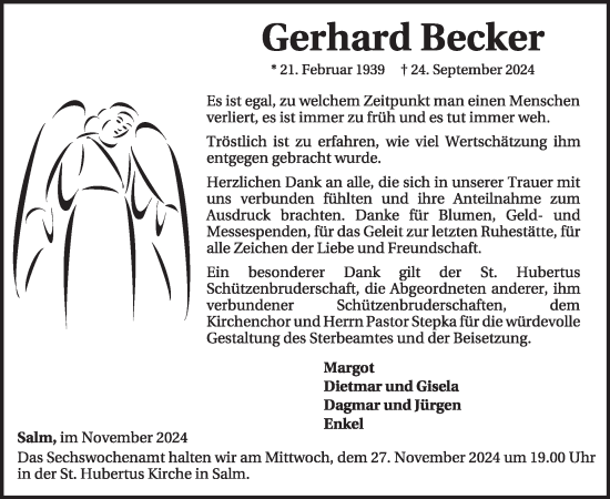 Traueranzeige von Gerhard Becker von WochenSpiegel