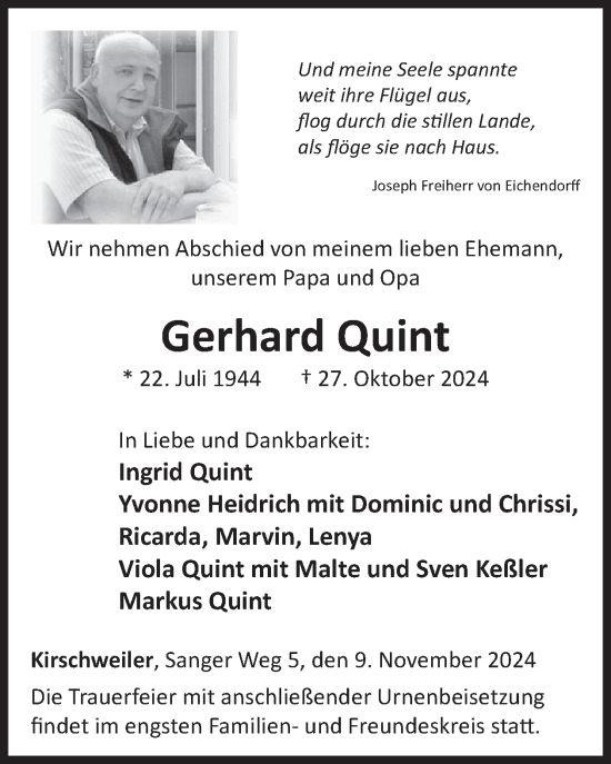 Traueranzeige von Gerhard Quint von WochenSpiegel