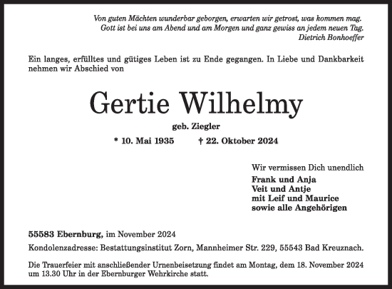 Traueranzeige von Gertie Wilhelmy von WochenSpiegel