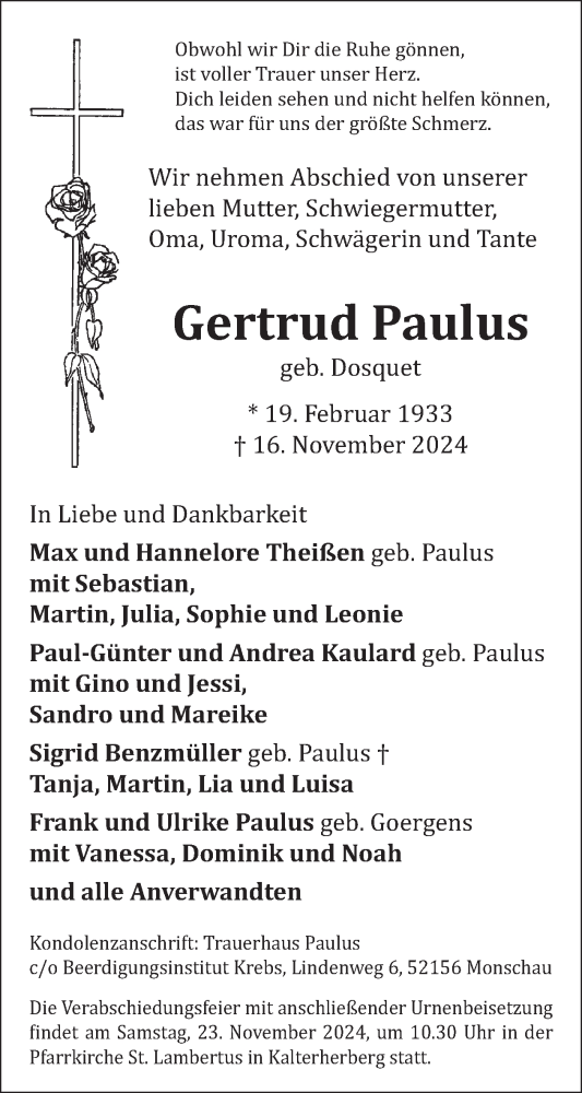 Traueranzeige von Gertrud Paulus von WochenSpiegel