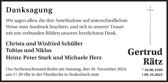 Traueranzeige von Gertrud Rätz von WochenSpiegel