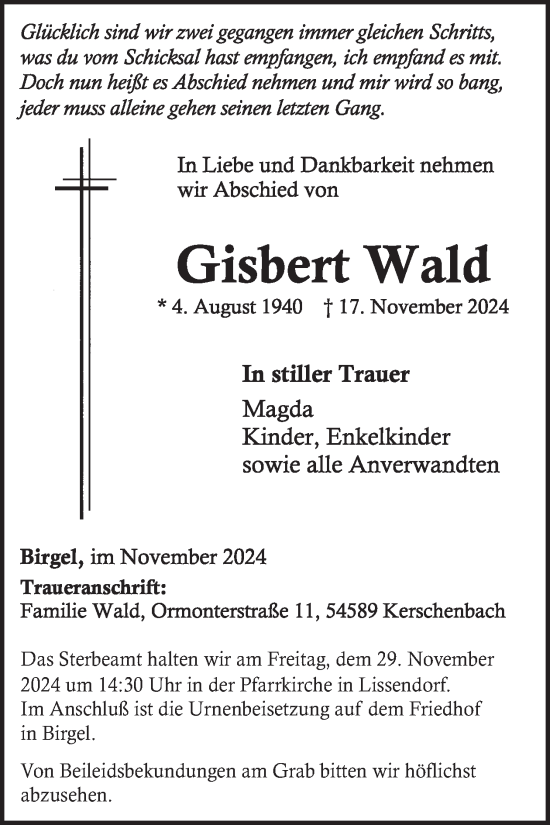 Traueranzeige von Gisbert Wald von WochenSpiegel