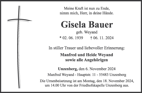 Traueranzeige von Gisela Bauer von WochenSpiegel