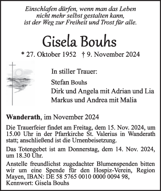 Traueranzeige von Gisela Bouhs von WochenSpiegel