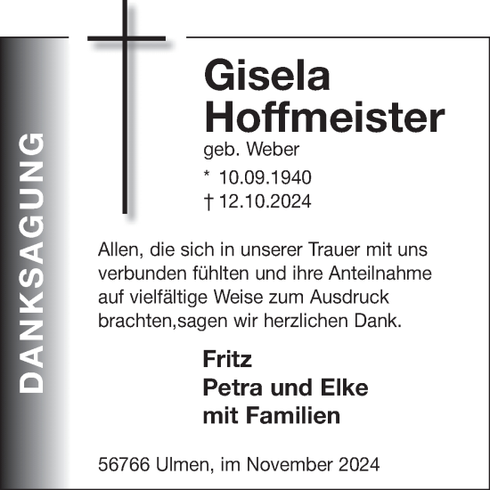 Traueranzeige von Gisela Hoffmeister von WochenSpiegel